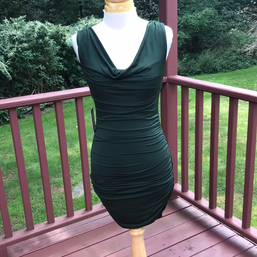 NWT! Express XS dark green ruched bodycon dress.